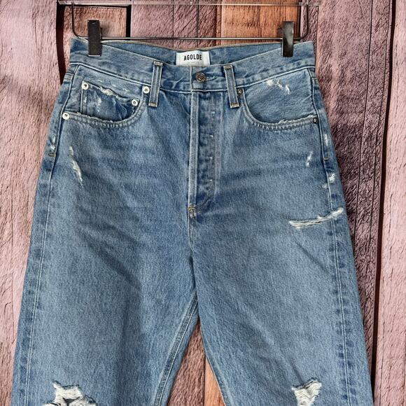Agolde Jeans Denim 90s Mid Rise Loose Distressed Button Fly Blue Holes Retro 25 - Picture 3 of 9